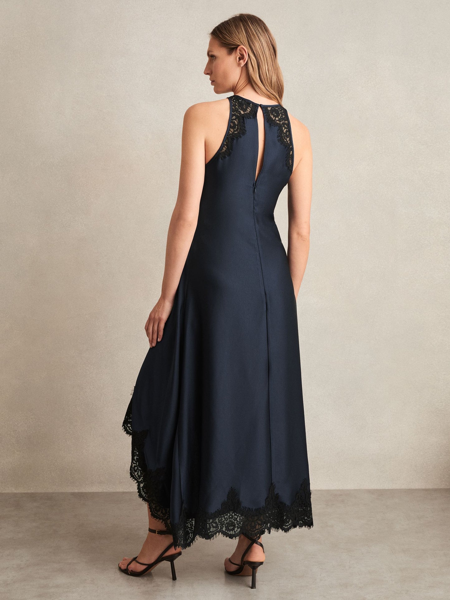 Satin Drape Lace-Trim Dress in Navy