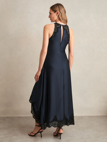 Satin Drape Lace-Trim Dress in Navy