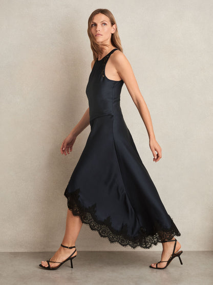 Satin Drape Lace-Trim Dress in Navy