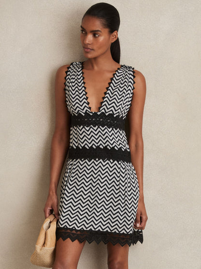 Reiss Zig-Zag Print Lace-Trim Mini Dress in Navy