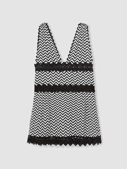 Reiss Zig-Zag Print Lace-Trim Mini Dress in Navy