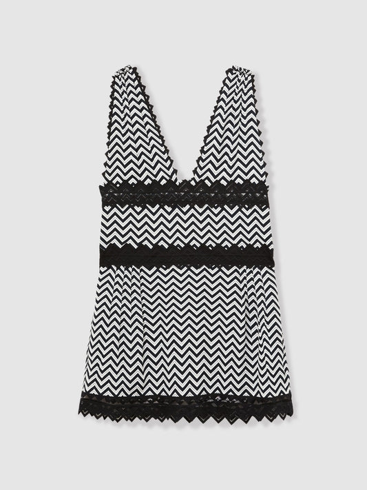Reiss Zig-Zag Print Lace-Trim Mini Dress in Navy