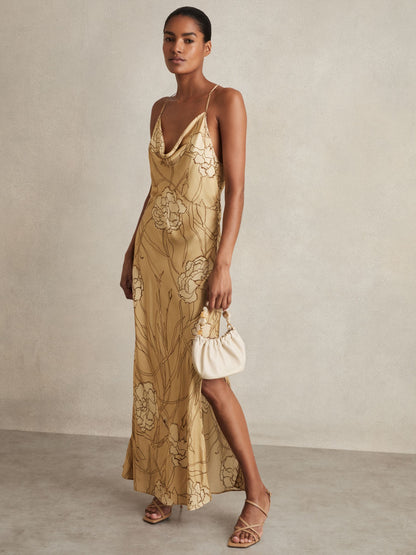 Reiss Satin Floral-Print Slip Maxi Dress in Gold