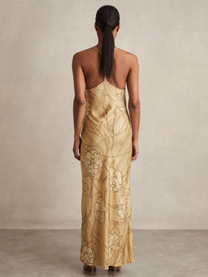Reiss Satin Floral-Print Slip Maxi Dress in Gold