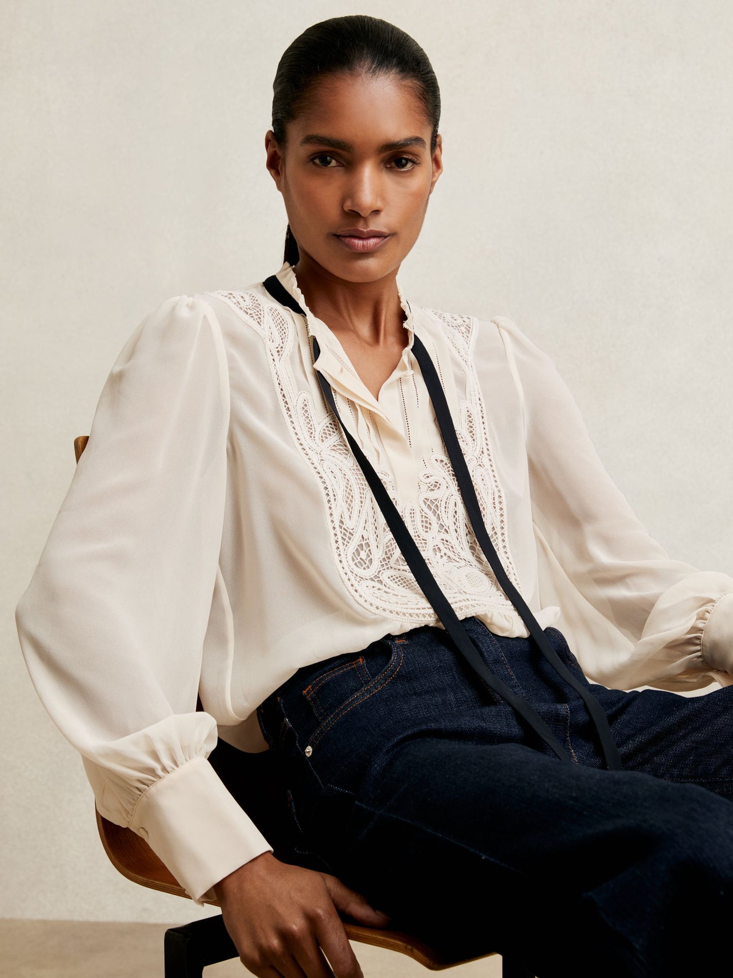 Lace-Embroidered Tie-Neck Shirt in Cream