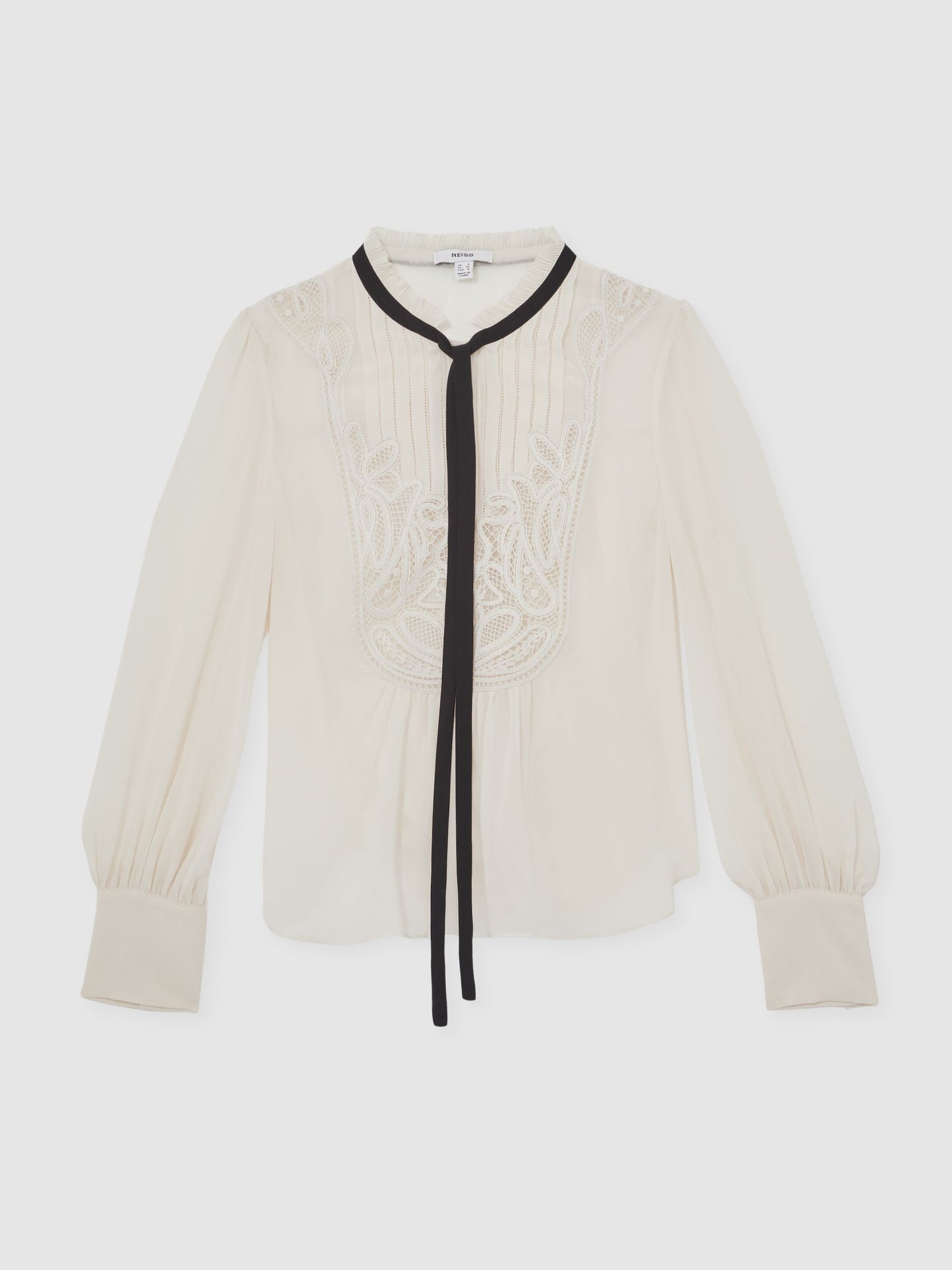 Lace-Embroidered Tie-Neck Shirt in Cream