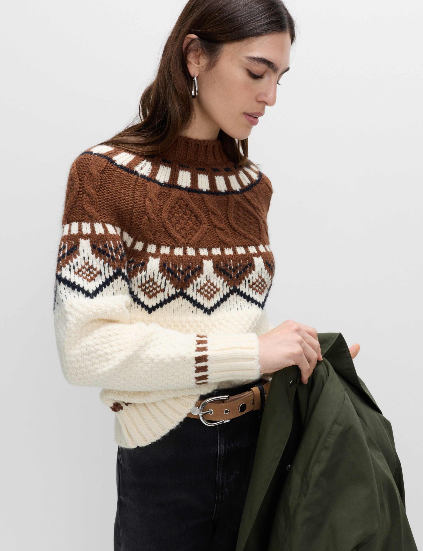 Fair Isle Cable Knit Crew Neck Jumper