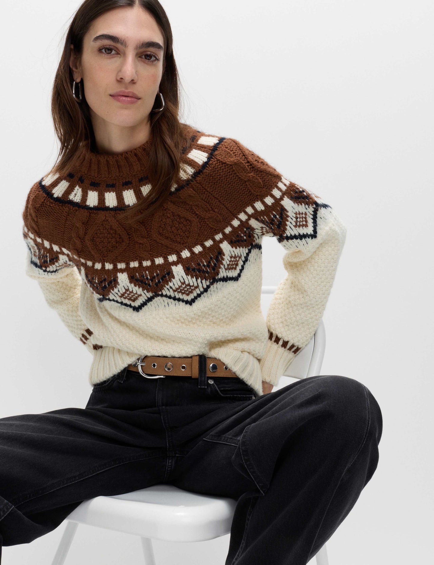 Fair Isle Cable Knit Crew Neck Jumper