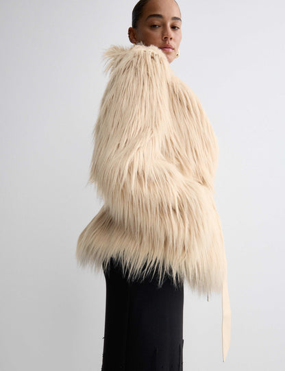 Faux Fur Belted Collared Relaxed Jacket