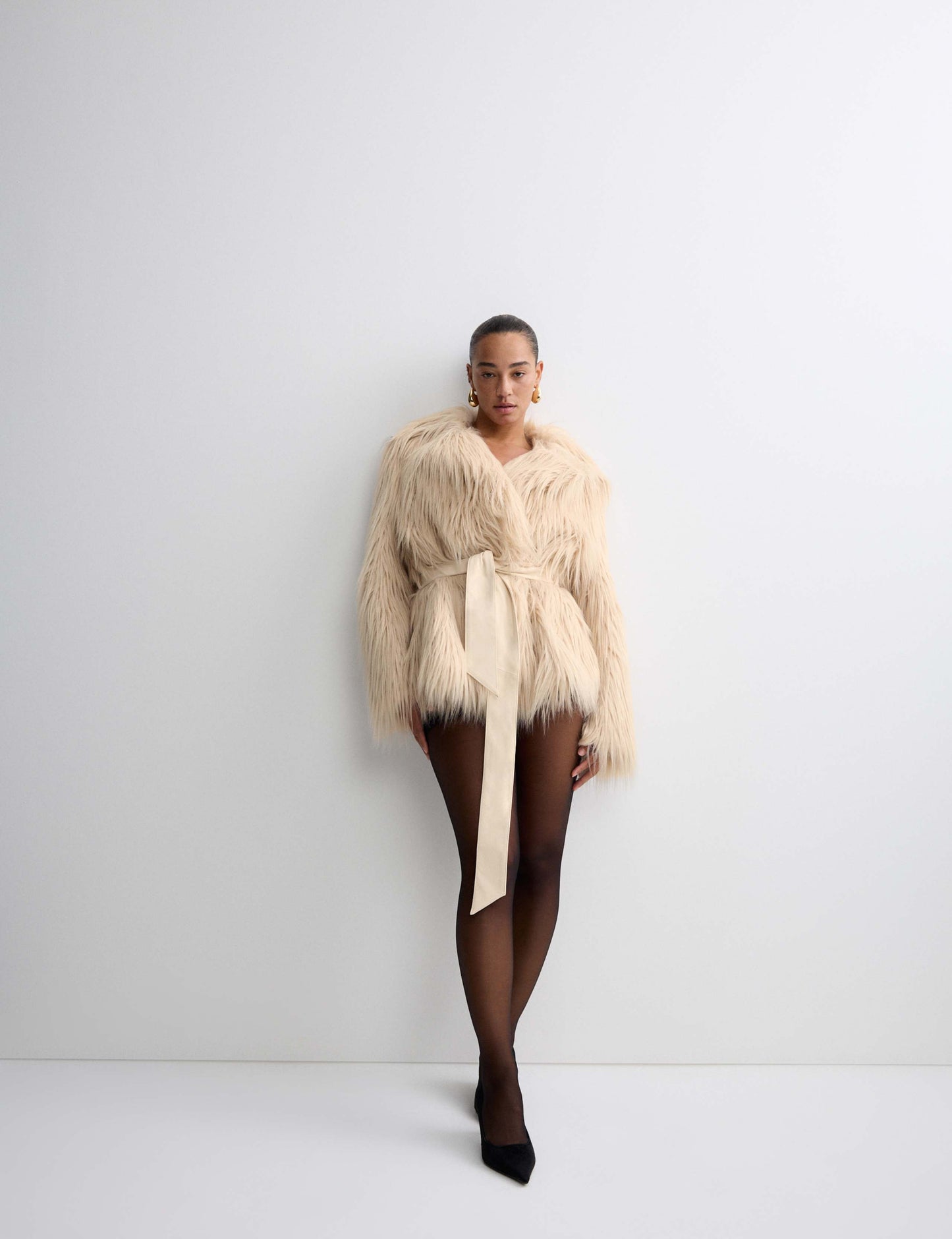 Faux Fur Belted Collared Relaxed Jacket