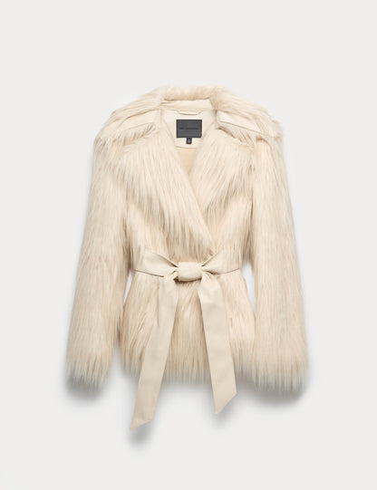 Faux Fur Belted Collared Relaxed Jacket