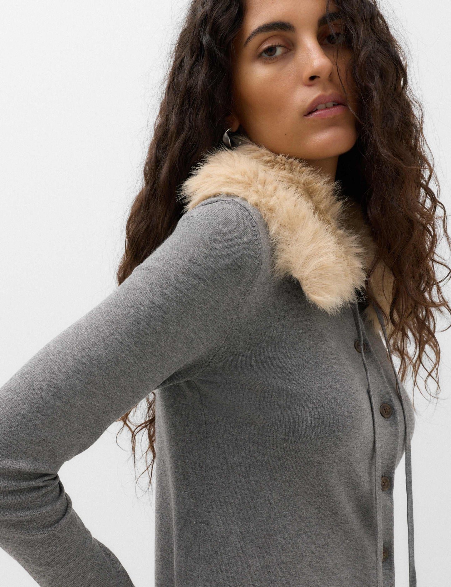 Faux Fur Collar Button Front Cardigan