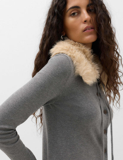 Faux Fur Collar Button Front Cardigan