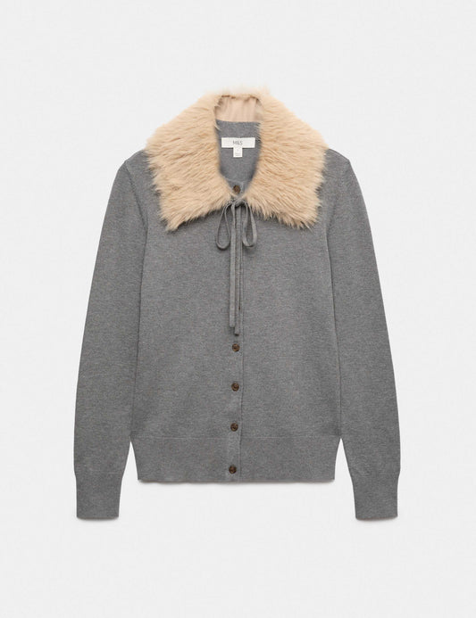 Faux Fur Collar Button Front Cardigan