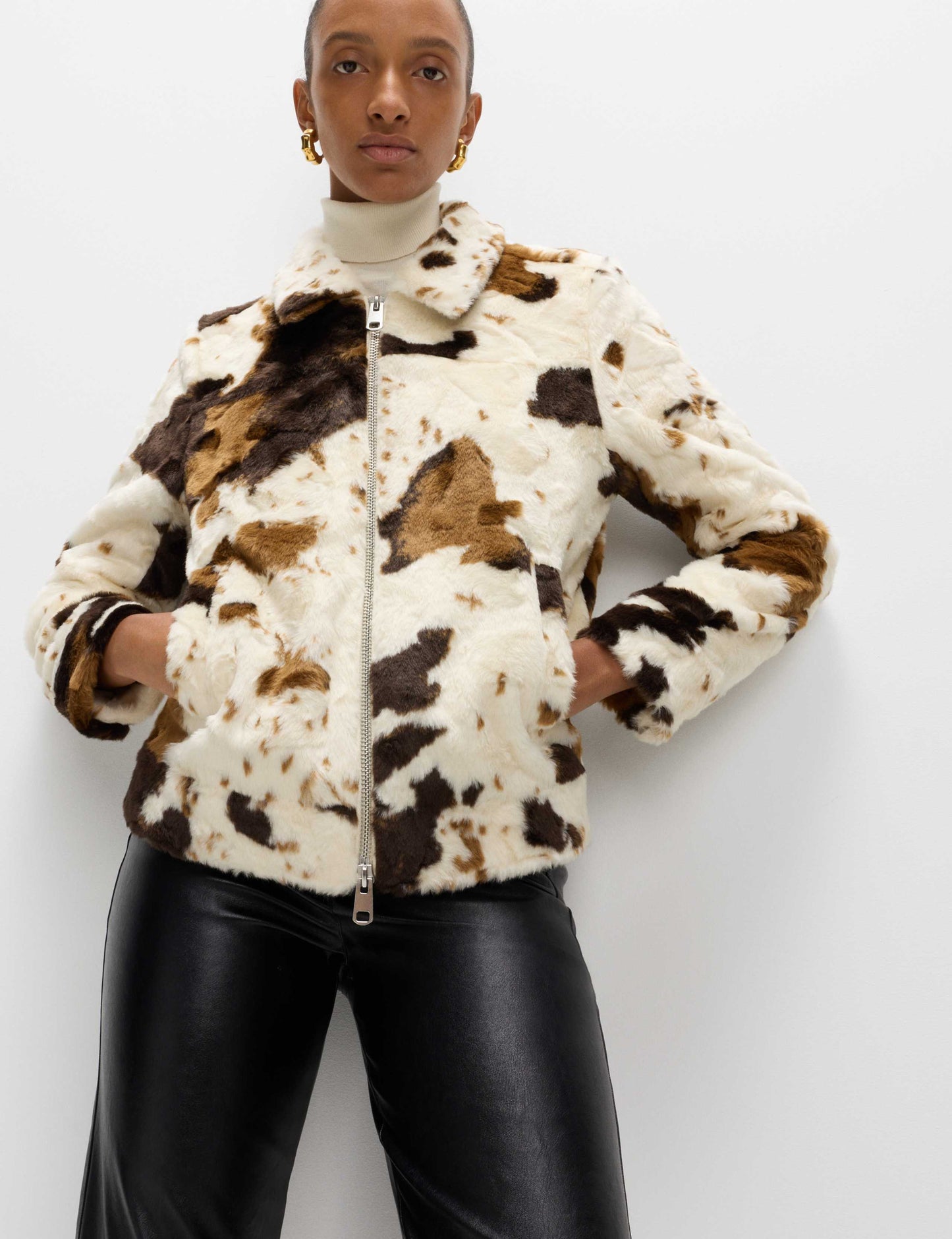 Faux Fur Cow Print Trucker Jacket