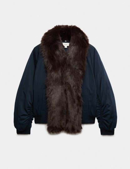 Faux Fur Scarf Flight Bomber Jacket