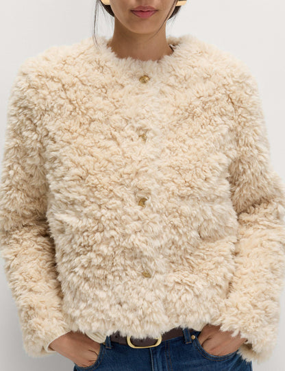 Faux Fur Textured Collarless Short Jacket