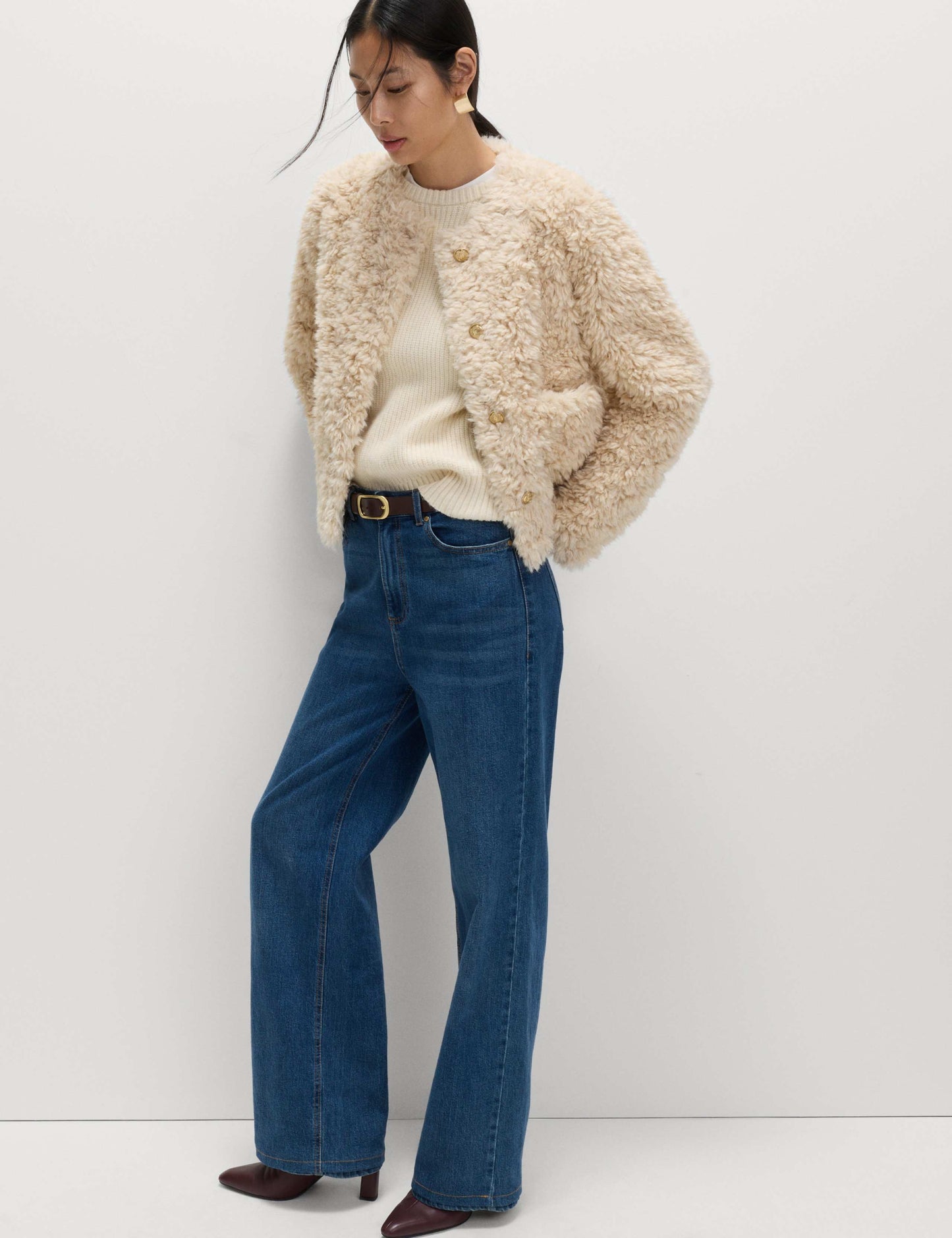 Faux Fur Textured Collarless Short Jacket