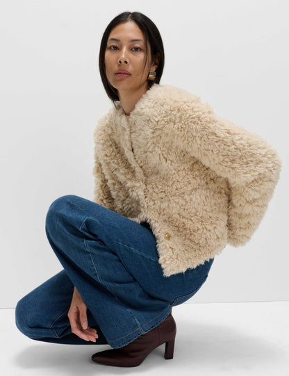 Faux Fur Textured Collarless Short Jacket