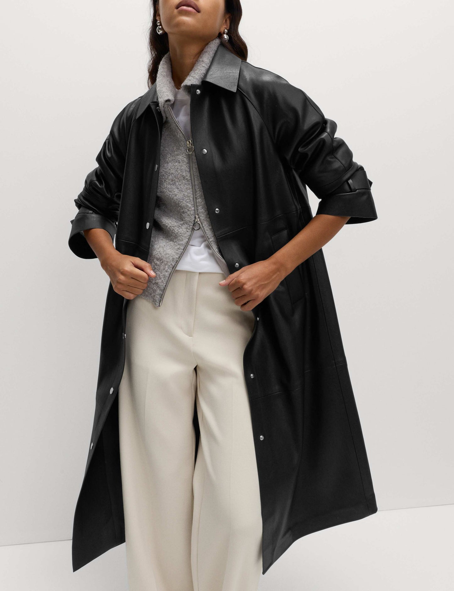 Faux Leather Collared Longline Car Coat