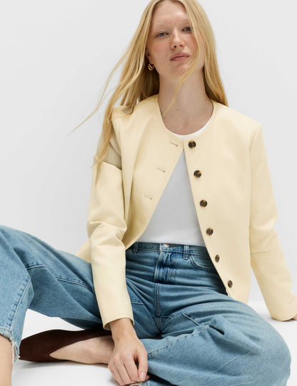 Faux Leather Collarless Jacket