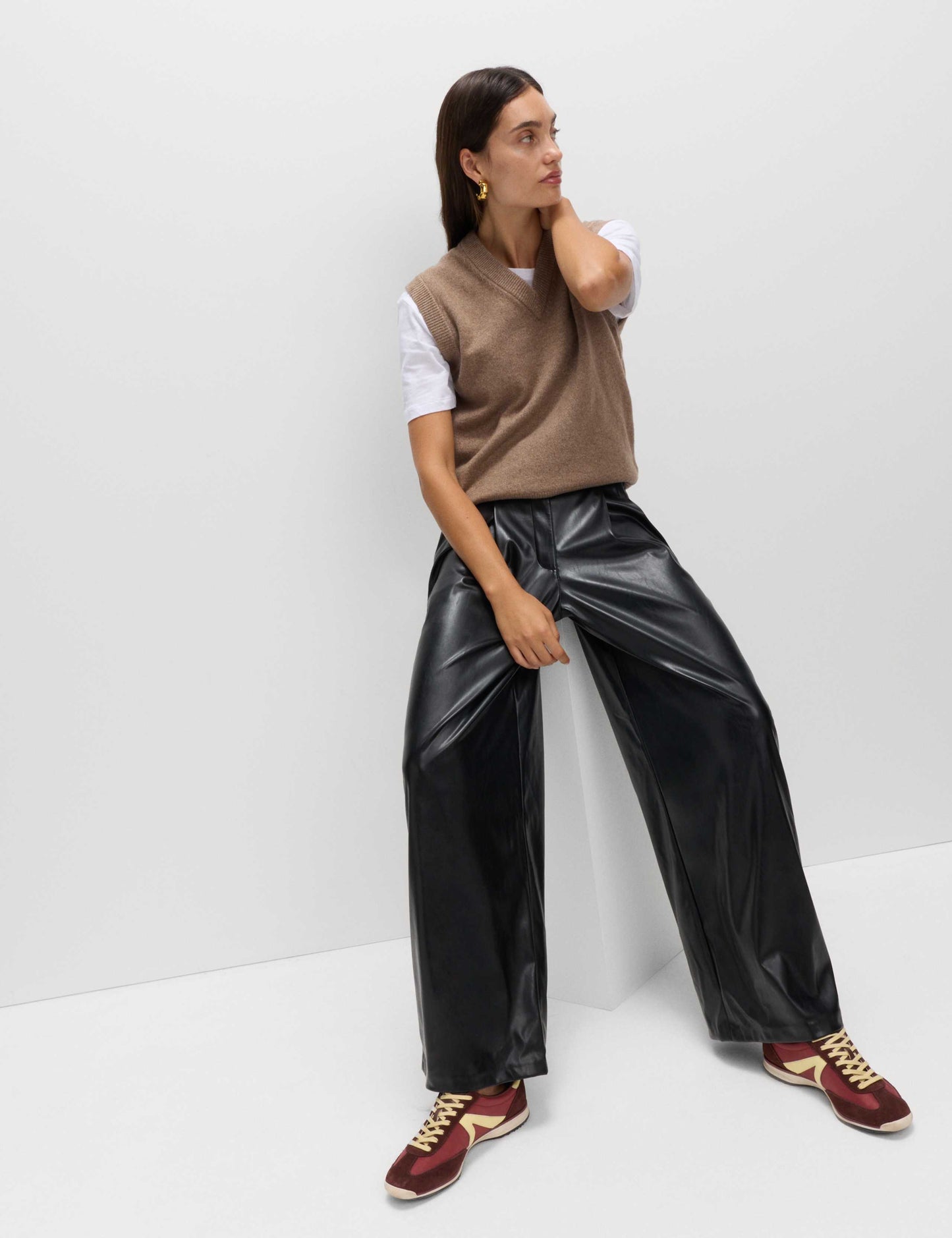 Faux Leather Double Pleat Wide Leg Trousers