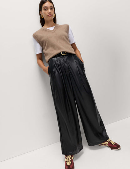 Faux Leather Double Pleat Wide Leg Trousers
