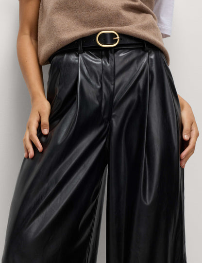 Faux Leather Double Pleat Wide Leg Trousers