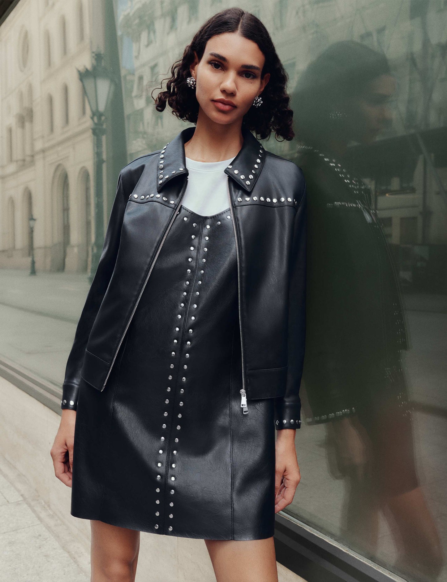 Faux Leather Embellished Mini Shift Dress