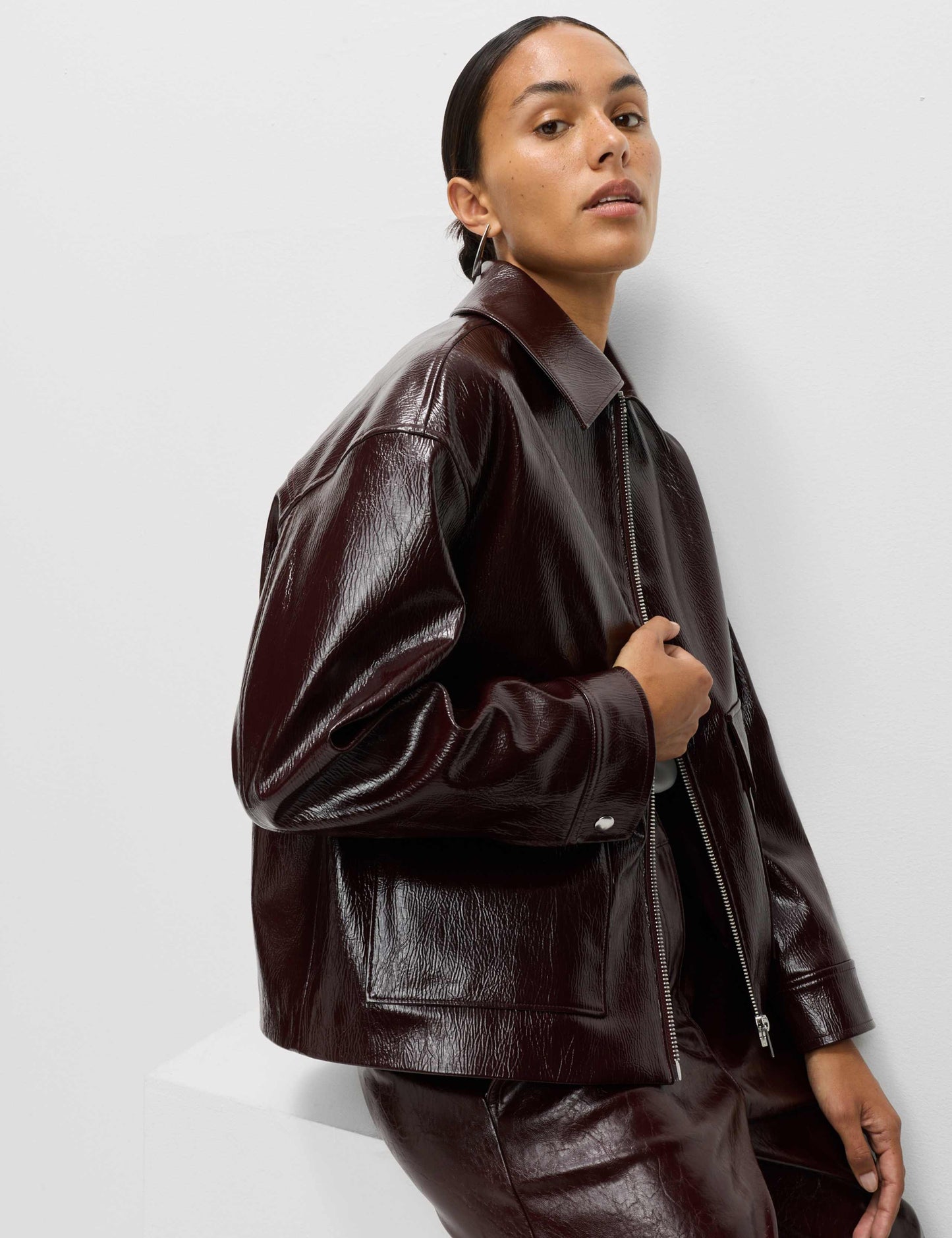 Faux Leather Lacquered Harrington Jacket