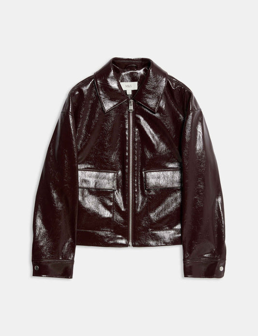 Faux Leather Lacquered Harrington Jacket