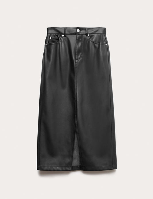 Faux Leather Midi Split Front A-Line Skirt