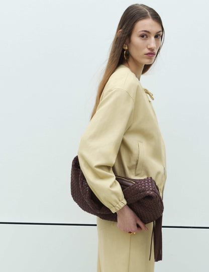 Faux Leather Neck Tie Bomber Jacket