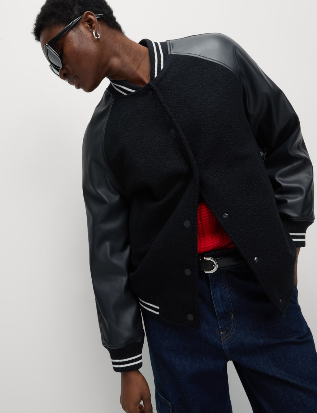 Faux Leather Relaxed College Bomber Jacket