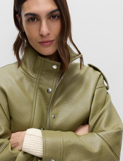 Faux Leather Textured Longline Bomber Jacket