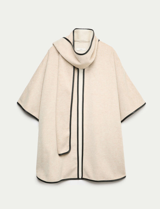 Faux Leather Trim Poncho with Scarf