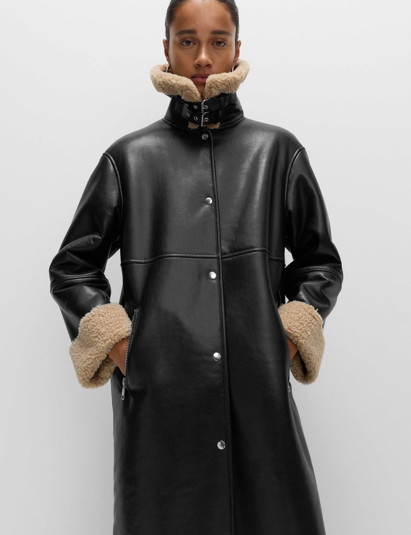 Faux Shearling Collared Longline Aviator Coat