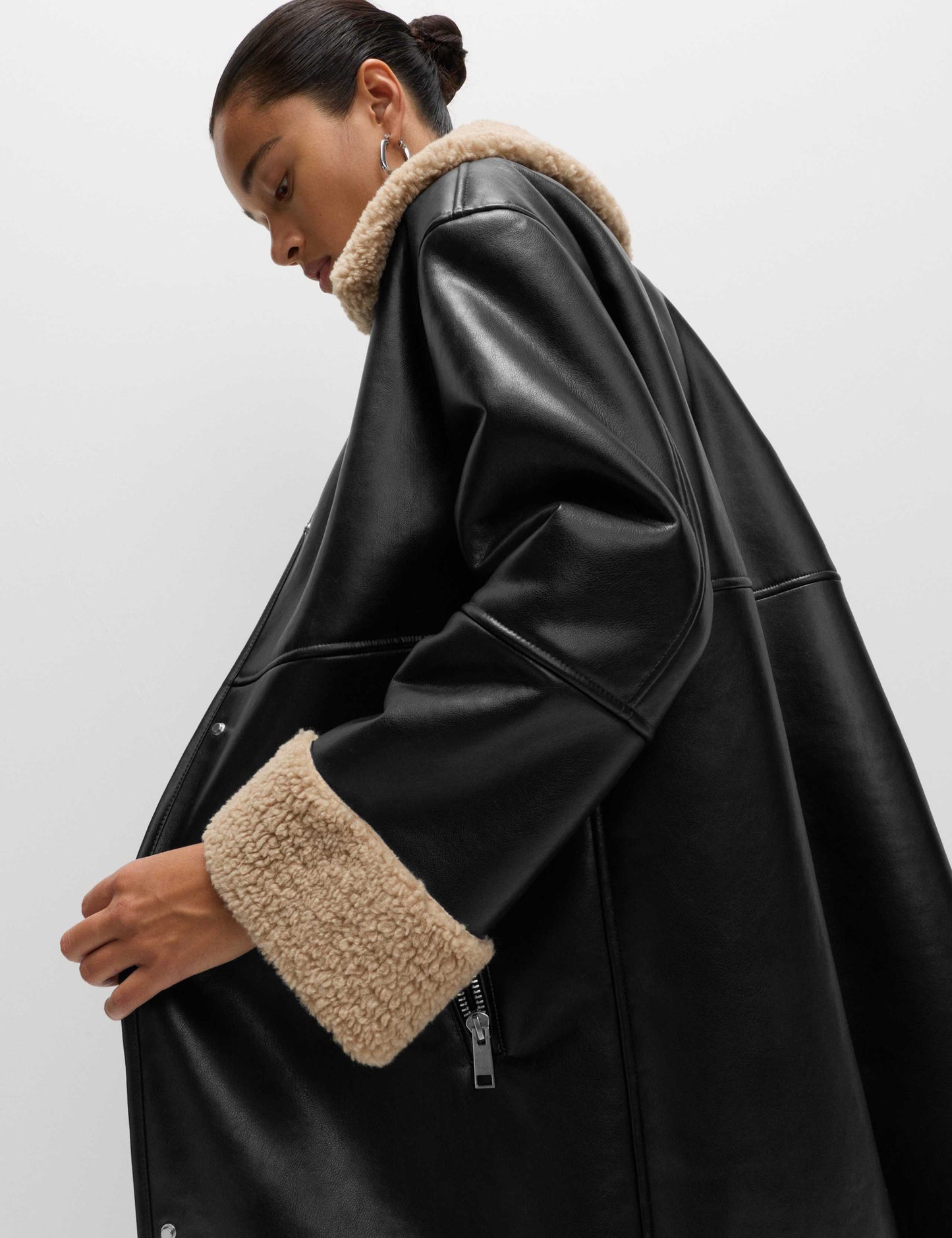 Faux Shearling Collared Longline Aviator Coat