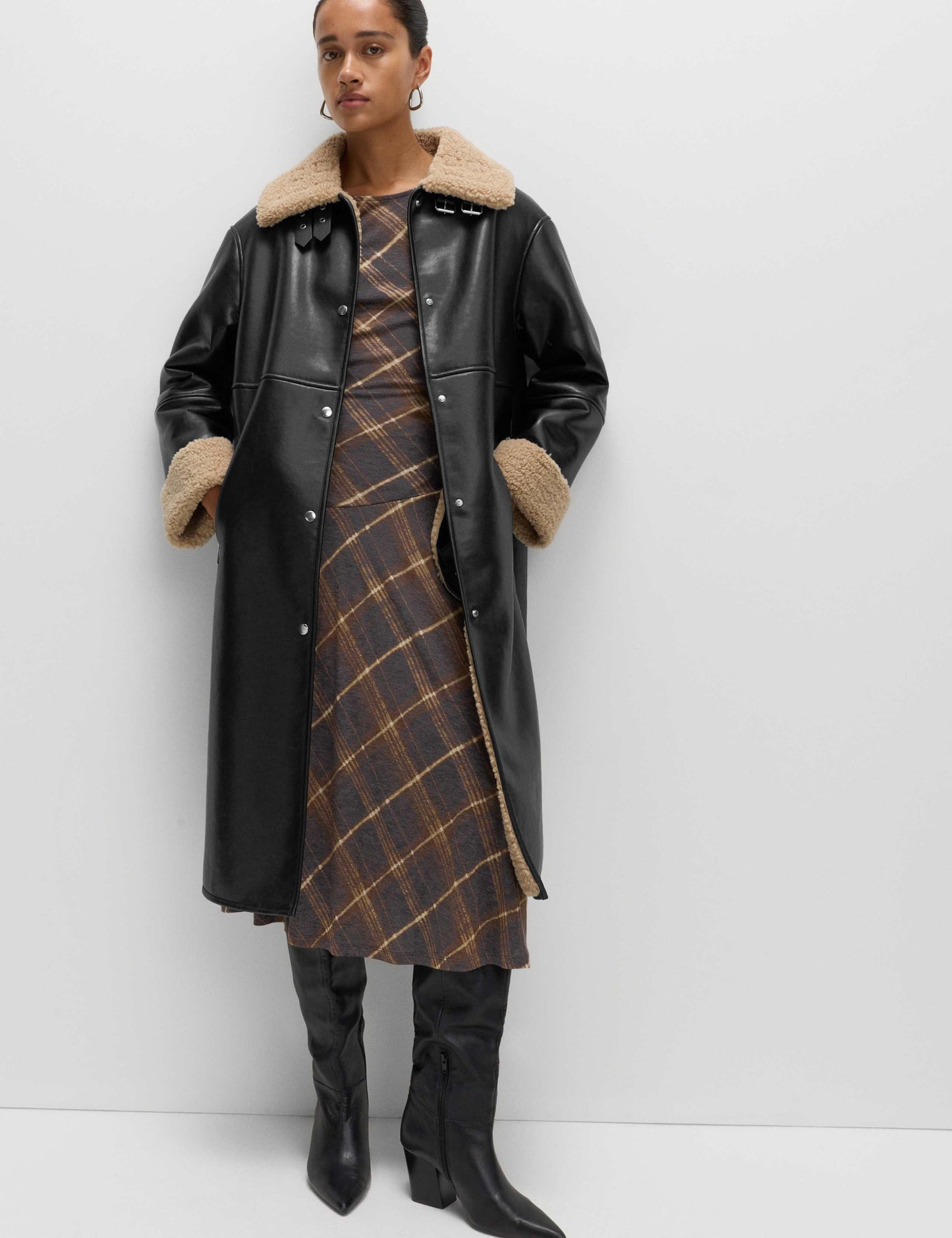 Faux Shearling Collared Longline Aviator Coat