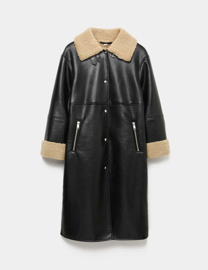 Faux Shearling Collared Longline Aviator Coat