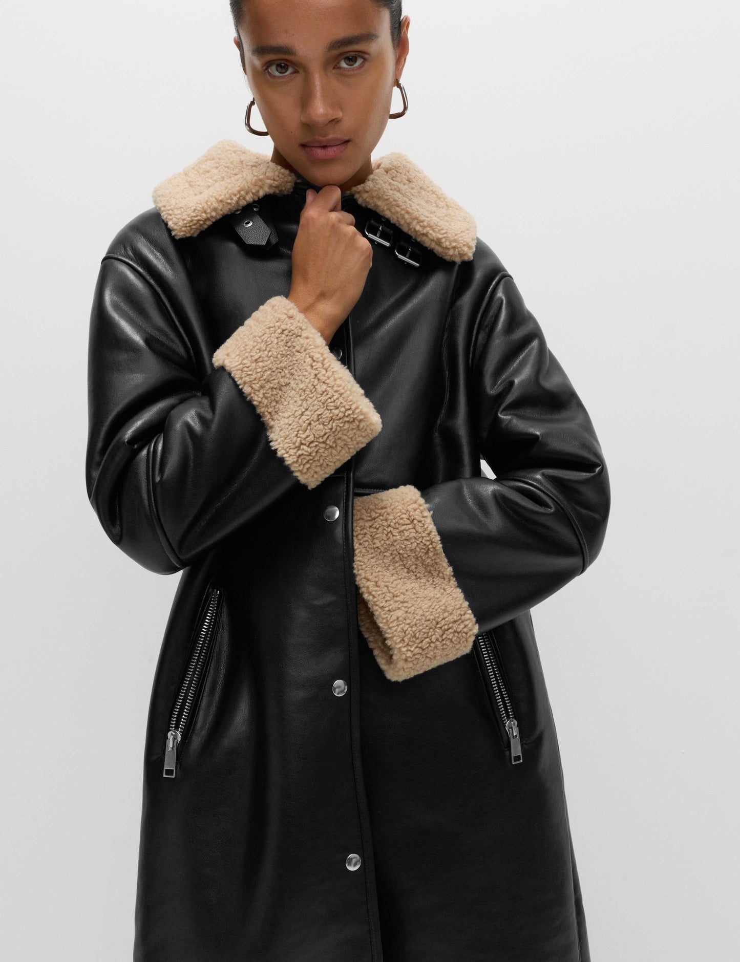 Faux Shearling Collared Longline Aviator Coat