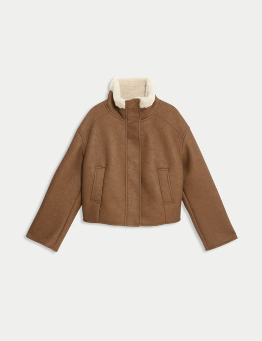 Faux Shearling Funnel Neck Short Jacket