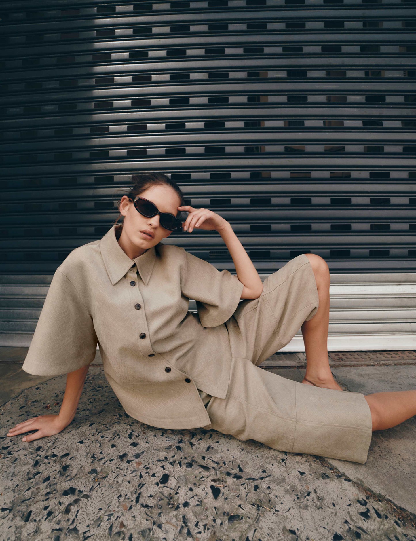 Faux Suede Basket Weave Collared Shirt
