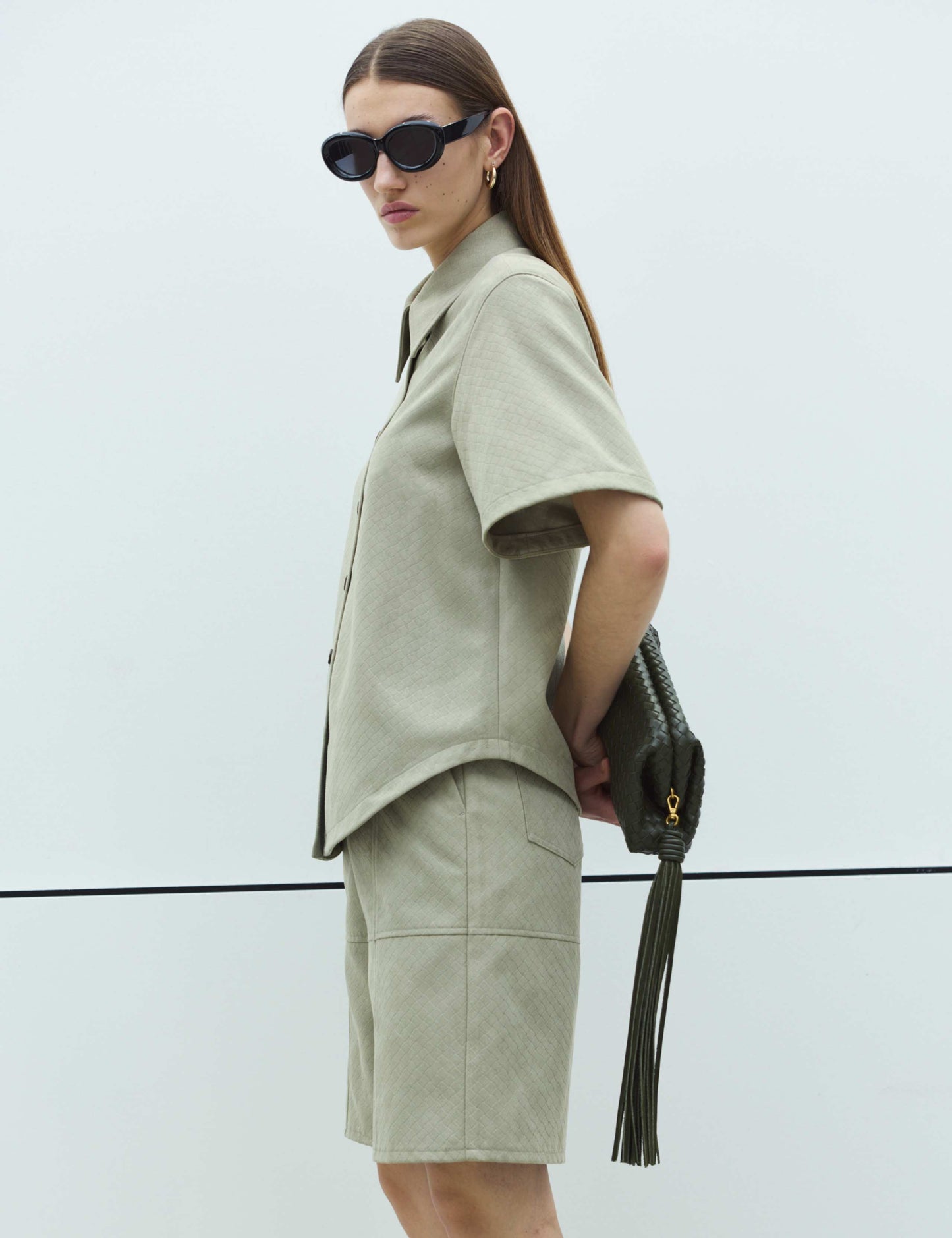 Faux Suede Basket Weave Collared Shirt