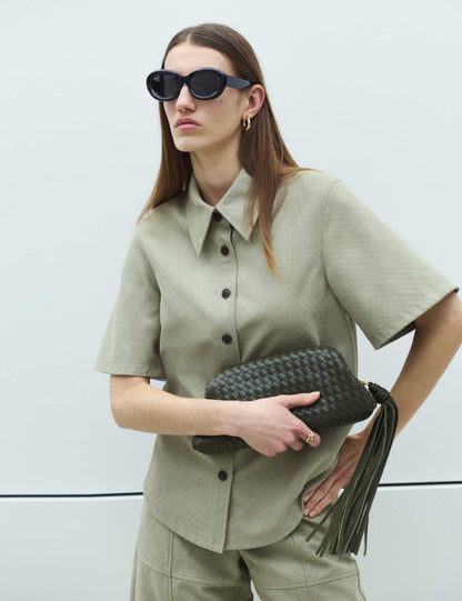 Faux Suede Basket Weave Collared Shirt