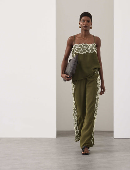 Floral Embroidered Wide Leg Trousers