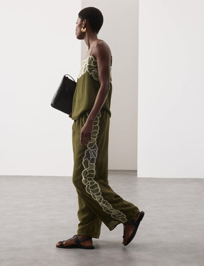 Floral Embroidered Wide Leg Trousers