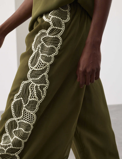 Floral Embroidered Wide Leg Trousers