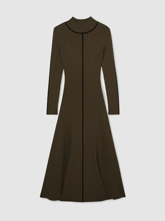 Knitted Midi Dress in Khaki Green
