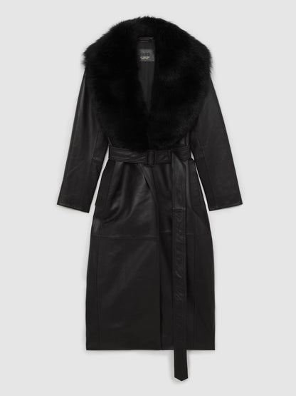 Leather Trench Coat With Shearling Collar in Black